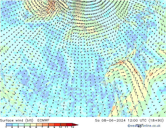 ве�Bе�@ 10 m (bft) ECMWF сб 08.06.2024 12 UTC