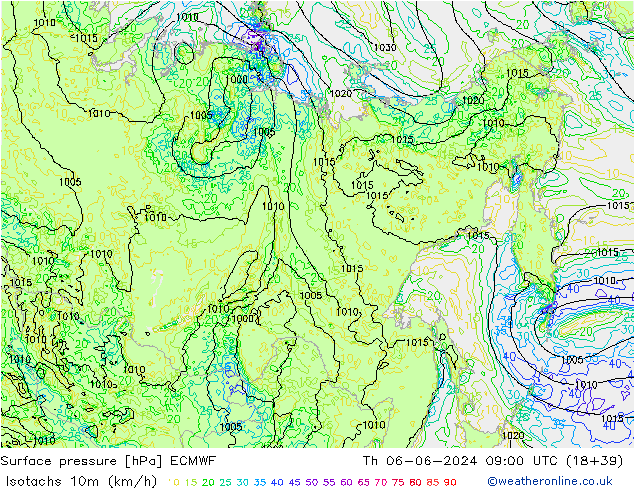 Isotachs (kph) ECMWF Qui 06.06.2024 09 UTC