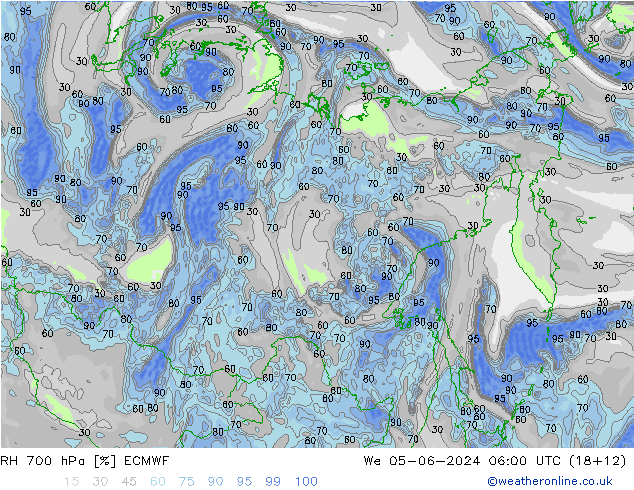 RH 700 hPa ECMWF Qua 05.06.2024 06 UTC