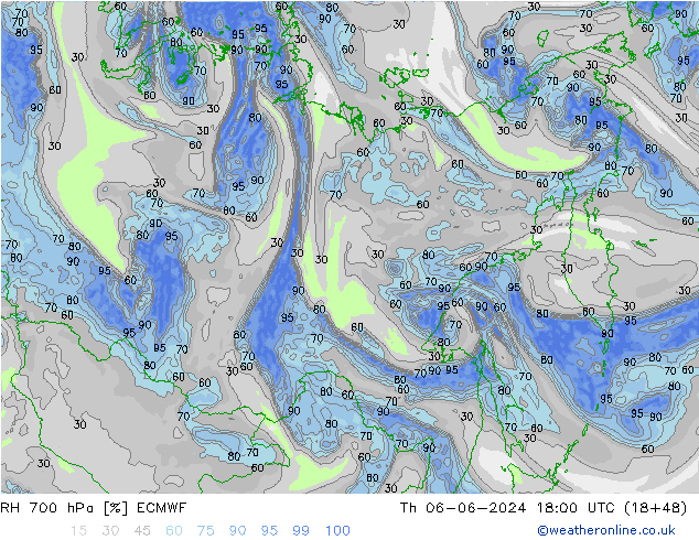 RH 700 гПа ECMWF чт 06.06.2024 18 UTC