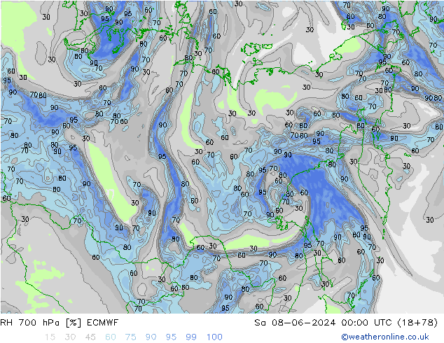 Humedad rel. 700hPa ECMWF sáb 08.06.2024 00 UTC