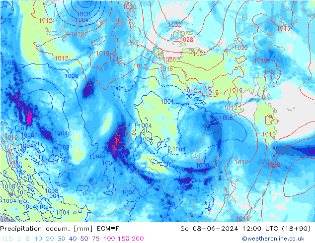 Precipitation accum. ECMWF Sa 08.06.2024 12 UTC