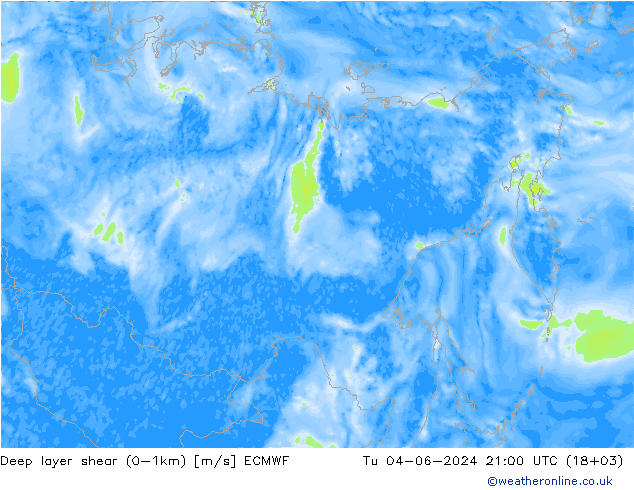 Deep layer shear (0-1km) ECMWF mar 04.06.2024 21 UTC