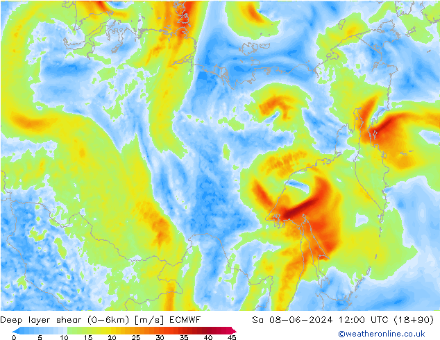 Deep layer shear (0-6km) ECMWF sáb 08.06.2024 12 UTC