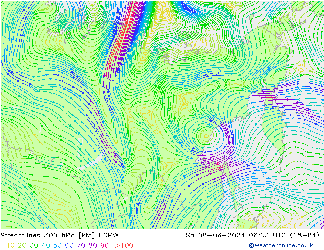 Linia prądu 300 hPa ECMWF so. 08.06.2024 06 UTC