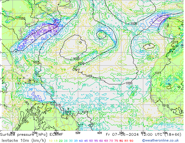 Isotachs (kph) ECMWF Fr 07.06.2024 12 UTC