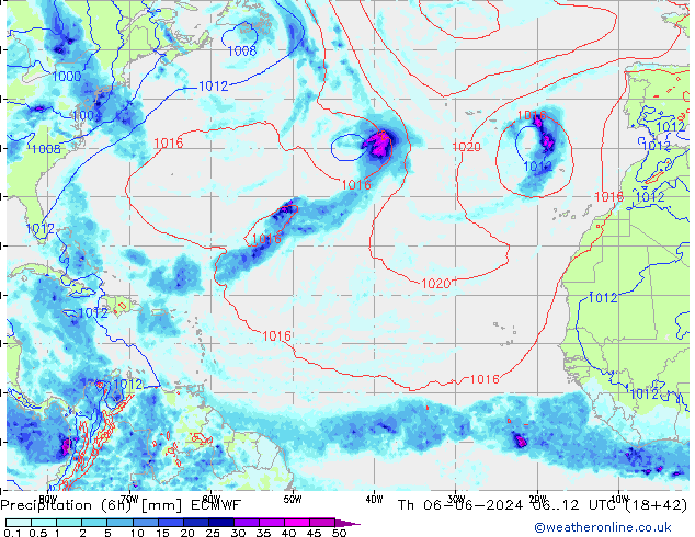 Z500/Rain (+SLP)/Z850 ECMWF Čt 06.06.2024 12 UTC