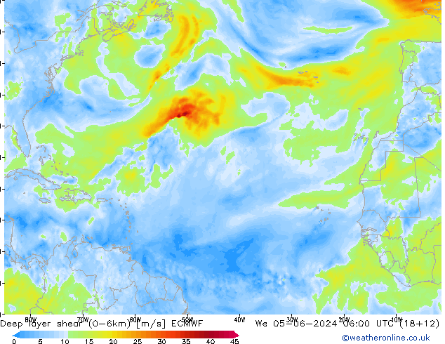 Deep layer shear (0-6km) ECMWF  05.06.2024 06 UTC