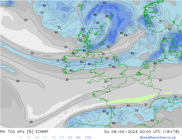 Humidité rel. 700 hPa ECMWF sam 08.06.2024 00 UTC