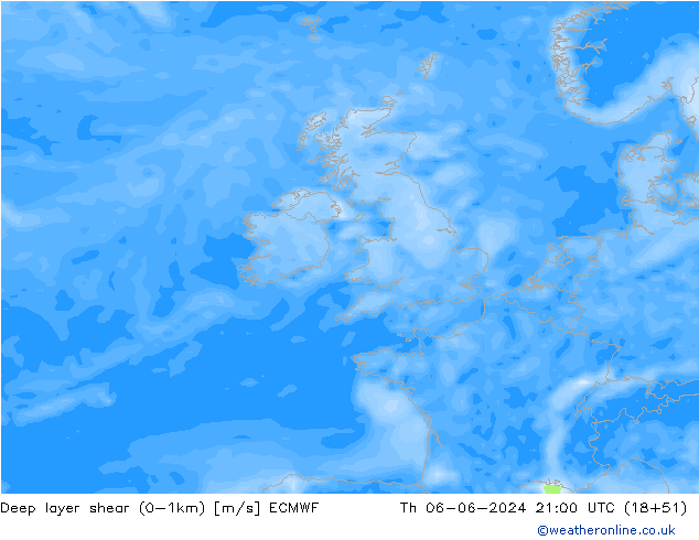 Deep layer shear (0-1km) ECMWF Do 06.06.2024 21 UTC