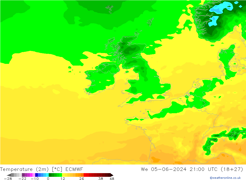 Sıcaklık Haritası (2m) ECMWF Çar 05.06.2024 21 UTC