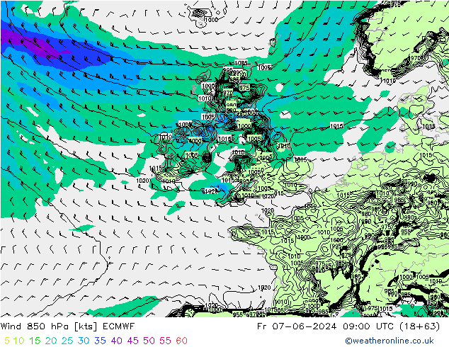 Vento 850 hPa ECMWF ven 07.06.2024 09 UTC