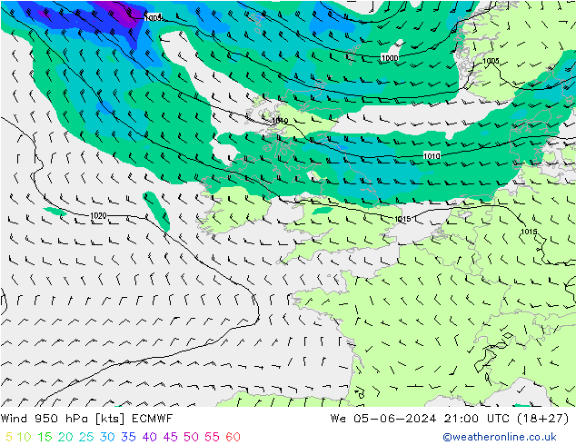 Vent 950 hPa ECMWF mer 05.06.2024 21 UTC