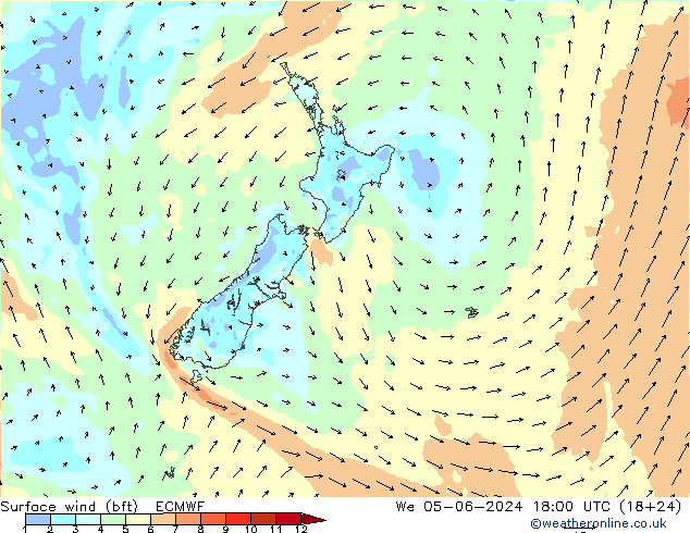 Vento 10 m (bft) ECMWF mer 05.06.2024 18 UTC