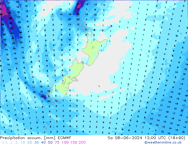 Precipitation accum. ECMWF so. 08.06.2024 12 UTC