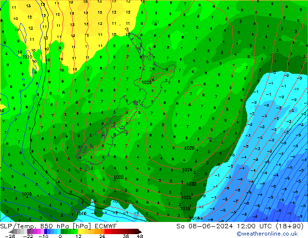 850 hPa Yer Bas./Sıc ECMWF Cts 08.06.2024 12 UTC