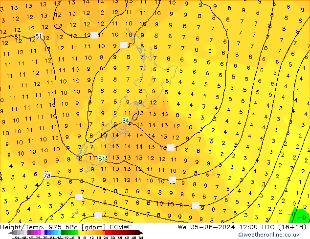 Height/Temp. 925 hPa ECMWF śro. 05.06.2024 12 UTC