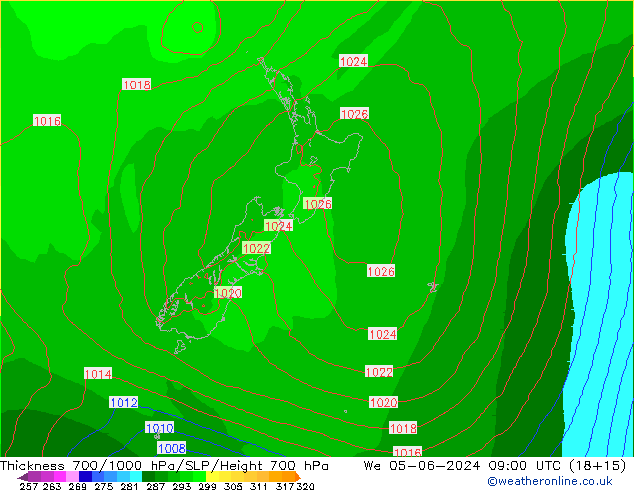 Espesor 700-1000 hPa ECMWF mié 05.06.2024 09 UTC