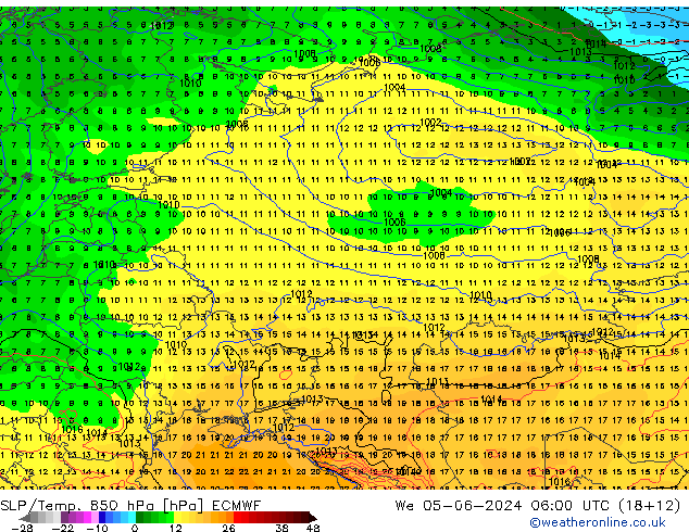 SLP/Temp. 850 hPa ECMWF mer 05.06.2024 06 UTC