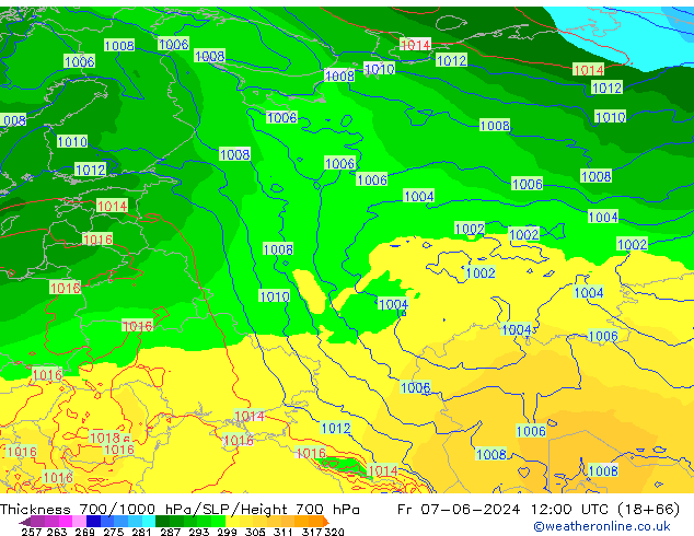 Thck 700-1000 гПа ECMWF пт 07.06.2024 12 UTC