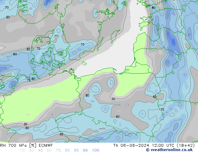 RH 700 hPa ECMWF czw. 06.06.2024 12 UTC