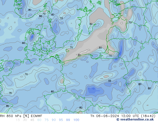 RH 850 hPa ECMWF gio 06.06.2024 12 UTC