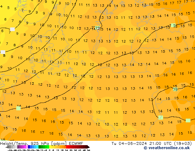 Height/Temp. 925 hPa ECMWF Tu 04.06.2024 21 UTC