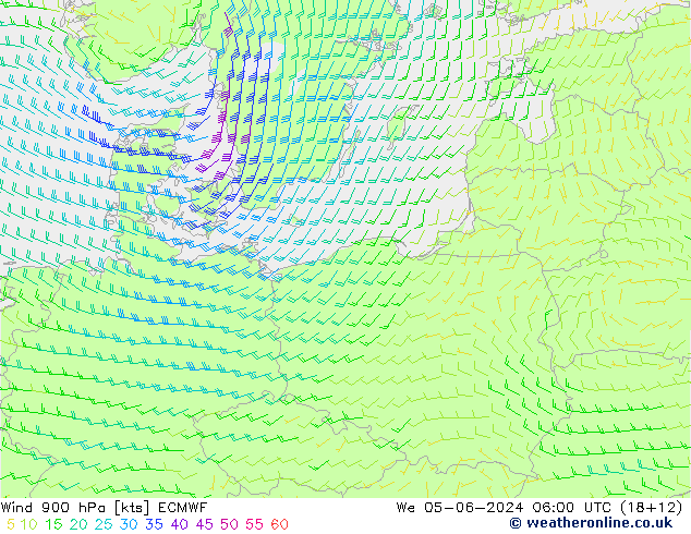 wiatr 900 hPa ECMWF śro. 05.06.2024 06 UTC