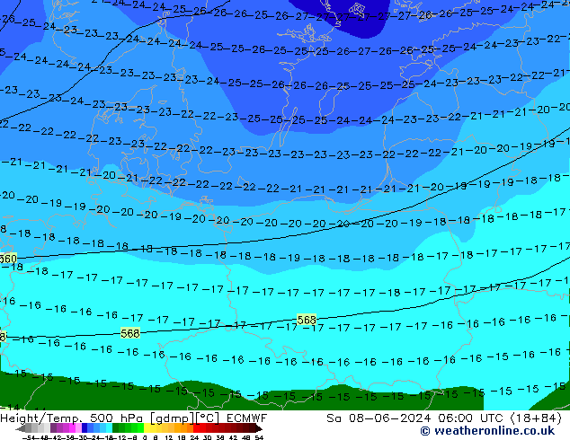 Height/Temp. 500 гПа ECMWF сб 08.06.2024 06 UTC