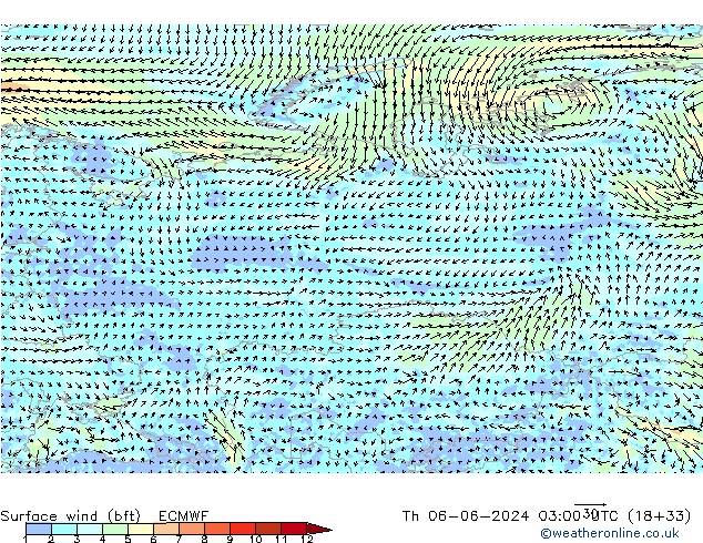 Vento 10 m (bft) ECMWF gio 06.06.2024 03 UTC