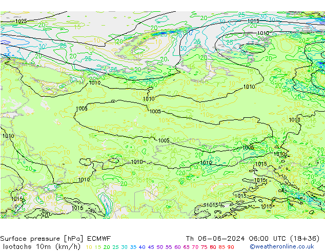 Isotachs (kph) ECMWF Čt 06.06.2024 06 UTC