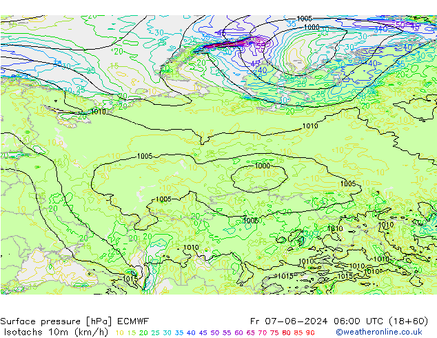 Isotaca (kph) ECMWF vie 07.06.2024 06 UTC