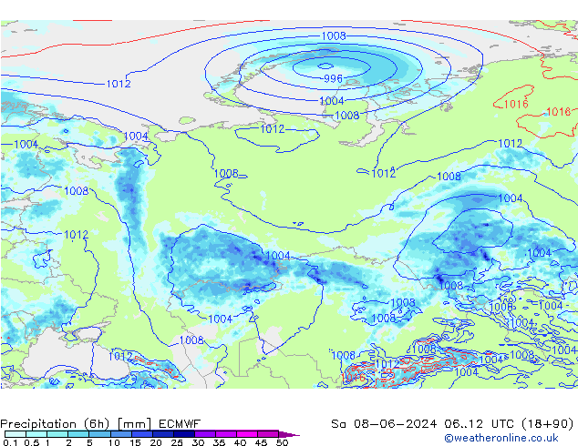 Precipitation (6h) ECMWF Sa 08.06.2024 12 UTC