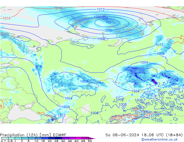 Precipitation (12h) ECMWF Sa 08.06.2024 06 UTC