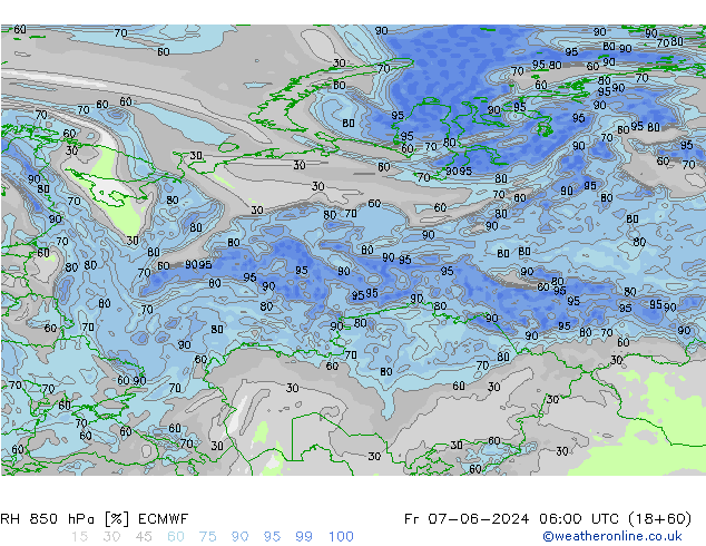 RH 850 hPa ECMWF Sex 07.06.2024 06 UTC