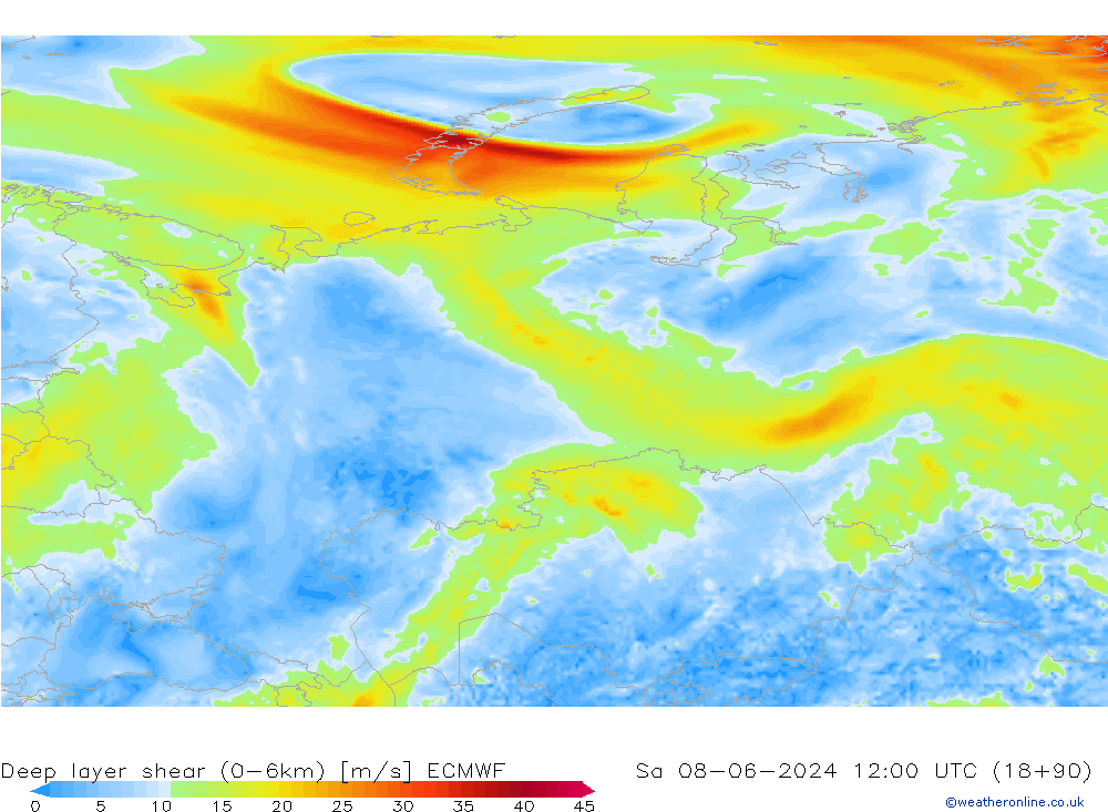 Deep layer shear (0-6km) ECMWF so. 08.06.2024 12 UTC