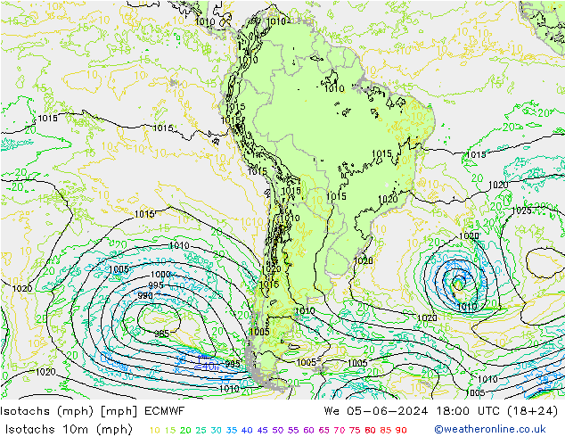 Isotaca (mph) ECMWF mié 05.06.2024 18 UTC