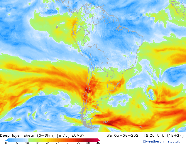 Deep layer shear (0-6km) ECMWF mié 05.06.2024 18 UTC