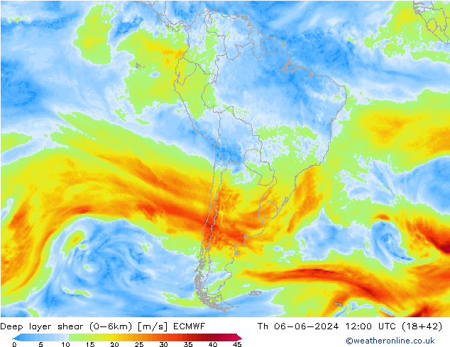 Deep layer shear (0-6km) ECMWF Qui 06.06.2024 12 UTC