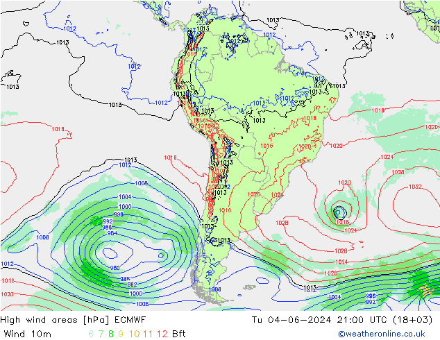 High wind areas ECMWF Út 04.06.2024 21 UTC