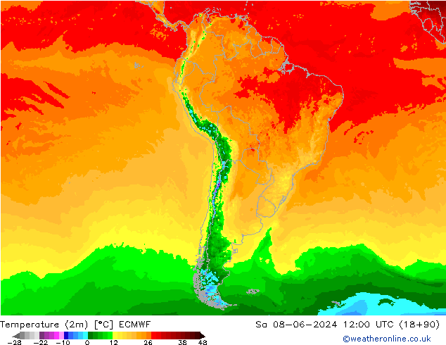 Temperature (2m) ECMWF Sa 08.06.2024 12 UTC