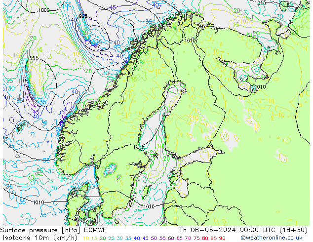 Isotaca (kph) ECMWF jue 06.06.2024 00 UTC