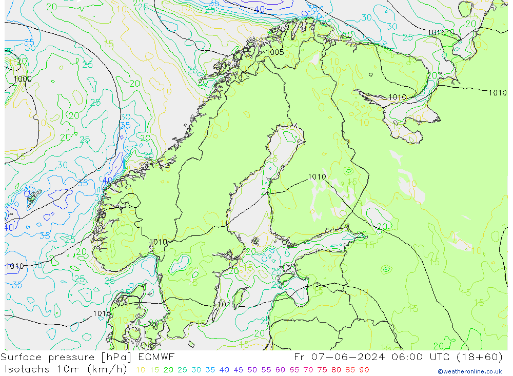 Isotachs (kph) ECMWF ven 07.06.2024 06 UTC