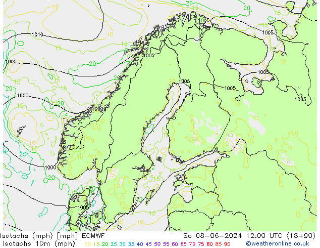 Isotachs (mph) ECMWF сб 08.06.2024 12 UTC