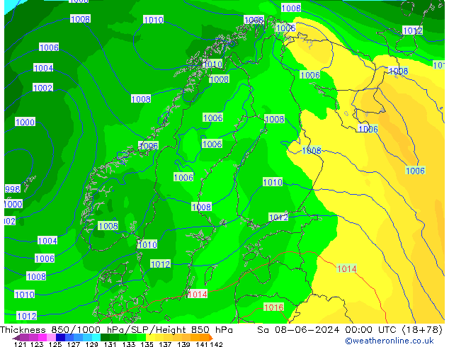 Thck 850-1000 hPa ECMWF sab 08.06.2024 00 UTC