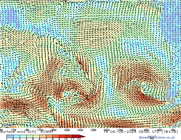 Vent 10 m (bft) ECMWF jeu 06.06.2024 09 UTC