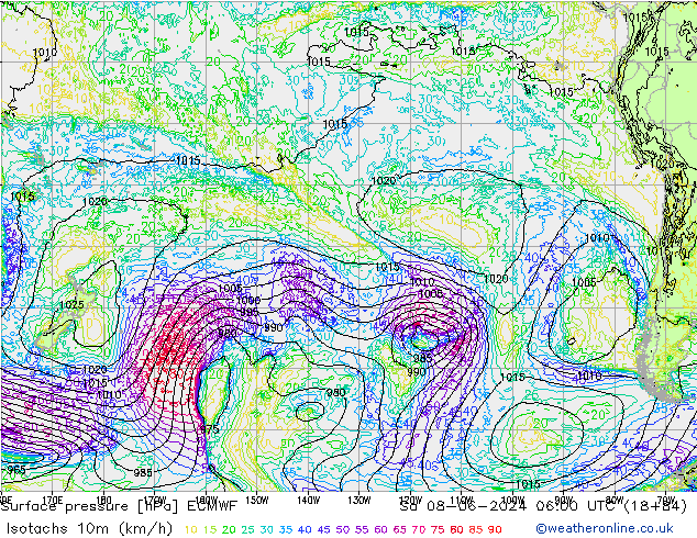 Isotachen (km/h) ECMWF za 08.06.2024 06 UTC