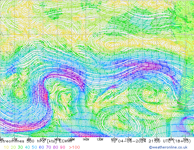 Streamlines 500 hPa ECMWF Út 04.06.2024 21 UTC