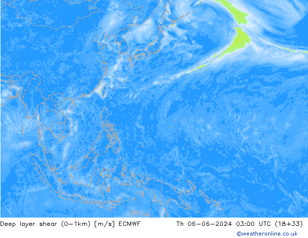 Deep layer shear (0-1km) ECMWF Per 06.06.2024 03 UTC