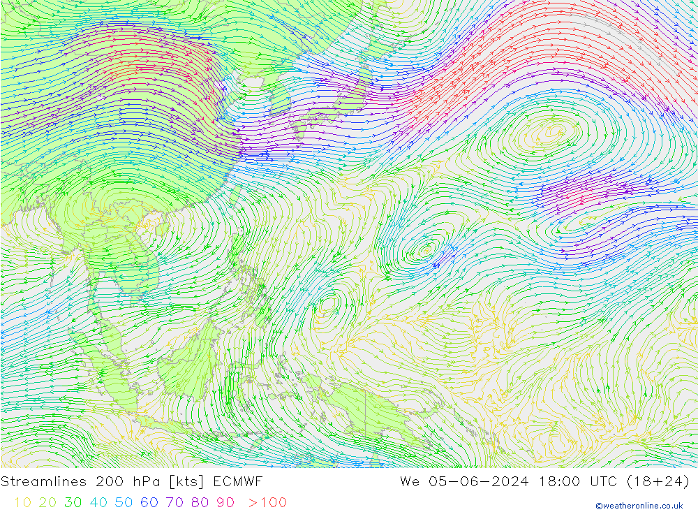 Streamlines 200 hPa ECMWF We 05.06.2024 18 UTC